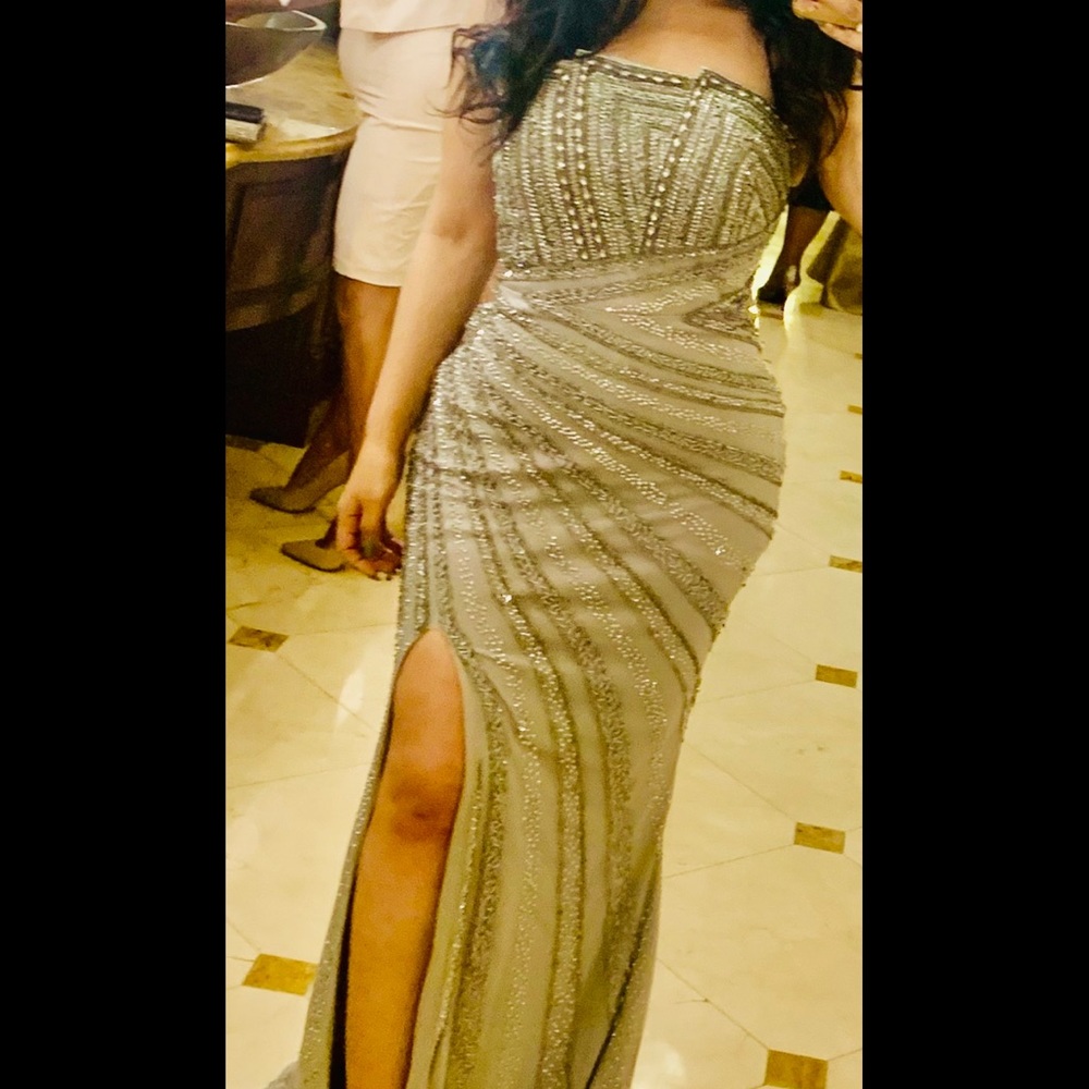 Nora's Bridal Beaded silver evening dress
